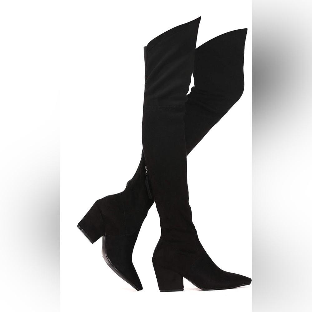 Shoe'N Tale Women Stretch Suede Chunky Heel Thigh High Over The Knee Boots